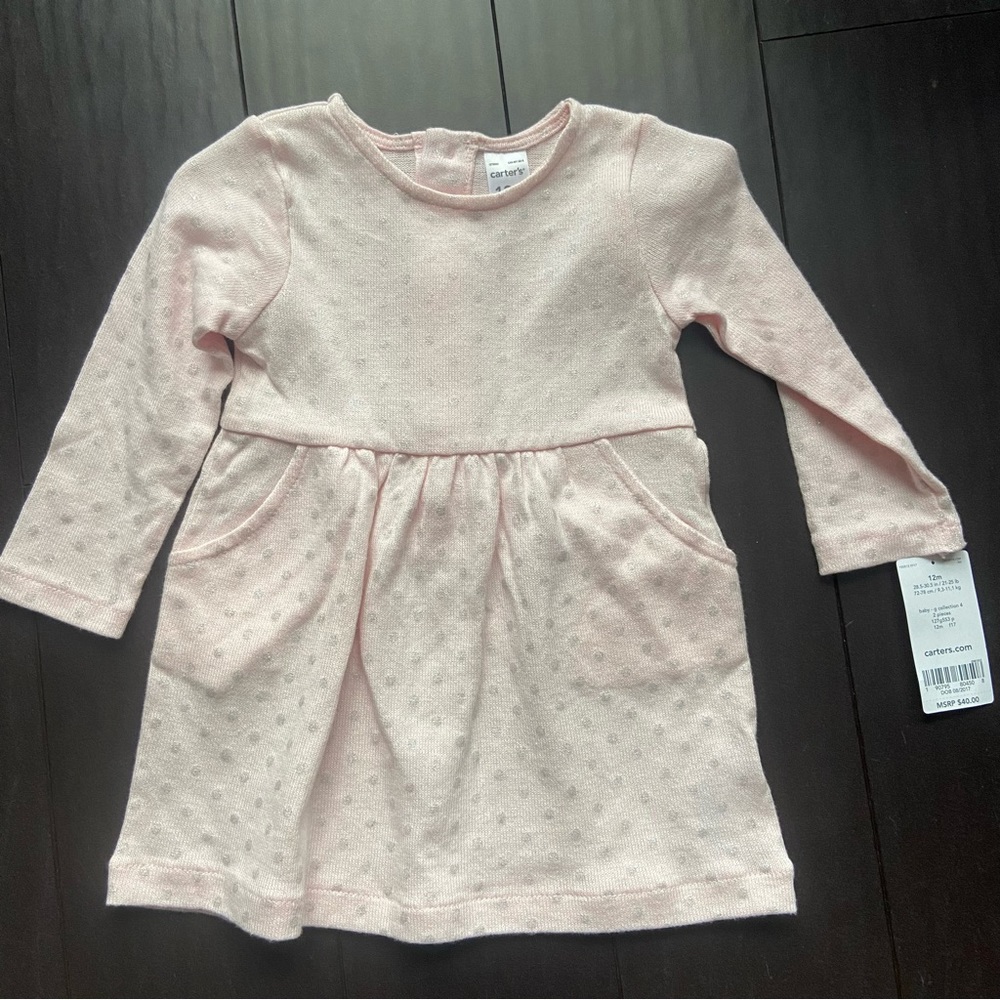 NWT Carter’s pink & silver polka dots long sleeve sweater dress with pockets 12M